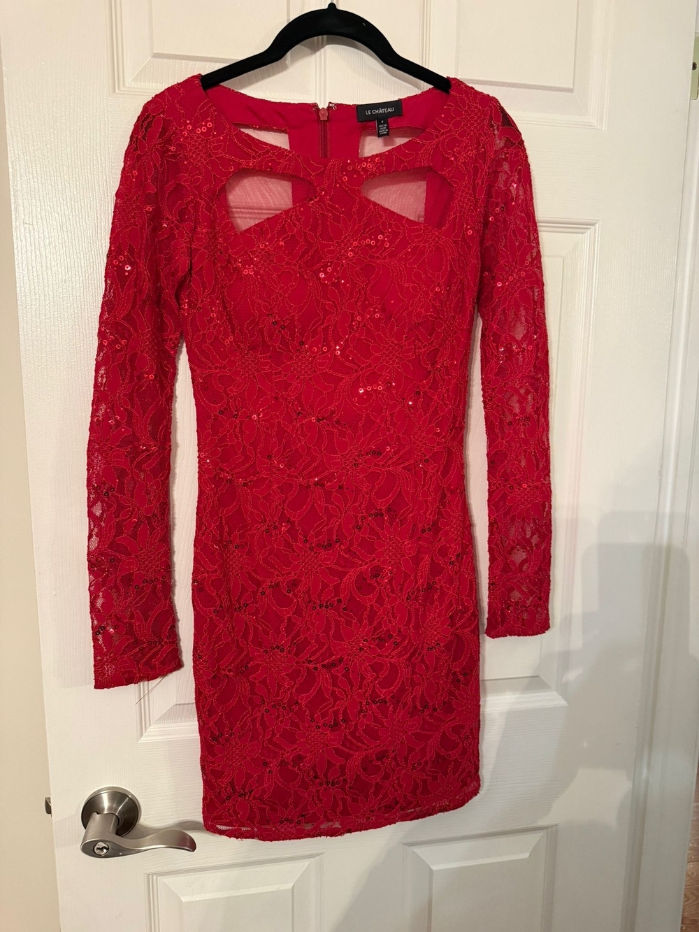 le chateau Red Sequined Lace Long Sleeve Cutout Dress